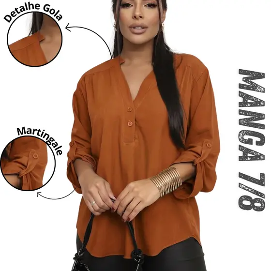Blusa Camisa Social Feminina Manga 7/8 em Viscolinho Conforto e Versatil