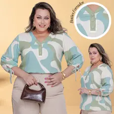 Camisa Feminina Plus Size Viscolinho Manga 3/4 com Amarração Botões Forrados Elegante Casual