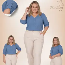 Camisa Social Feminina Plus Size de Viscolinho com Manga 3/4 e Gola V Curve Estampada Ou Lisa