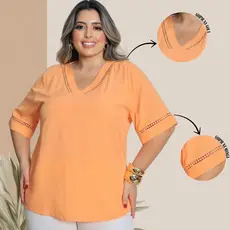 Blusa Feminina Camisa Social Alfaiataria Plus Size Manga Curta Gola V Guipir Elegância e Conforto