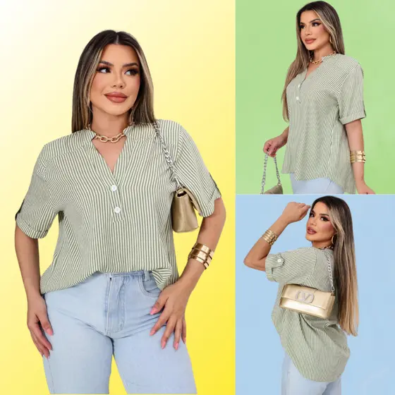 Blusa Camisa Feminina Listrada em Viscolinho Tendencia Elegante Casual
