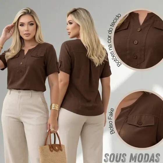 Blusa Feminina Elegante Manga Curta Botões Moda Social Casual Confortavel