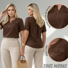 Blusa Feminina Elegante Manga Curta Botões Moda Social Casual Confortavel