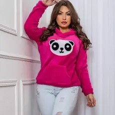 Blusa de Frio Moletom  Feminina  Com Capuz Canguru e Estampa Pandinha Envio Imediato