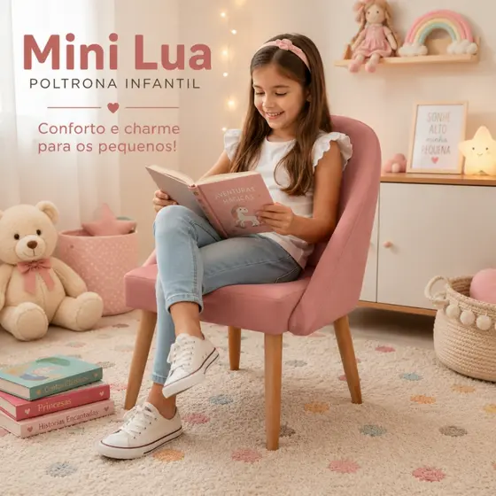 Cadeira Poltrona Infantil Mini Lua Estofada Em Veludo Premium Ideal Para Crianças 05 a 10 Anos Pes Palitos Decorativa