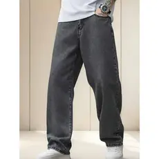 Calça Masculina Jeans Marmorizada Grafite Baggy Reta Larga HipHop Estilo Rua Juvenil Com Ajuste Interno 10-16