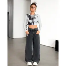 Calça Jeans Wide Leg Grafite Lisa Black Reta Baggy Feminina Infantil Juvenil Com Ajuste Blogueira Lançamento 10-16