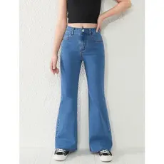 Calça Jeans Feminina Flare Básica Bailarina de Menina Ajuste na Cintura Escolar Juvenil 10-16 Denim