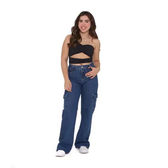 Calça Jeans Cargo Wide Leg Feminina Tradicional Com Ajuste Lisa Algodão Básica Moda Adolescente Dia das Crianças 10-16