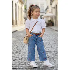 Calça Jeans Wide Leg Feminina Bordada Infantil Juvenil Lançamento Denim Estilosa Premium Algodão 01 ano até 16 anos