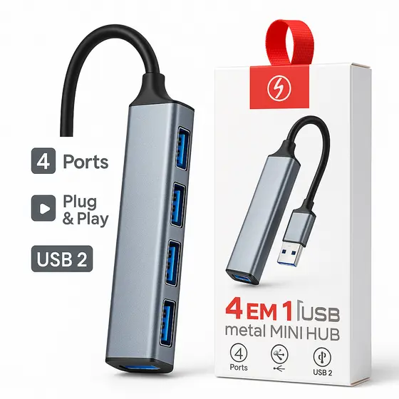 Hub USB 4 em 1 Alumínio Portátil – 4 Portas USB 2.0, Plug & Play para Notebook e PC Envio Imediato !