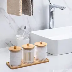 Porta Algodão Jogo Com 03 Potes Organizador Acrílico Tampa Base Bambu Cotonete Maquiagem