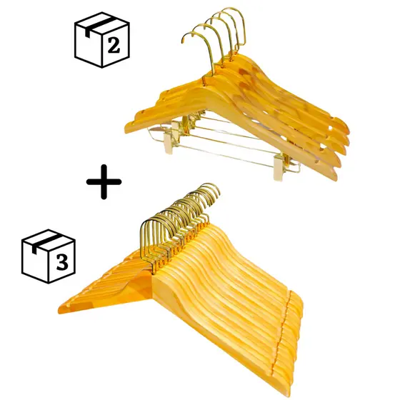 Kit 5 Cabides de Madeira Simples e Presilha Gancho Luxo Ouro Dourado - Conjunto de Cabides de Madeira Luxo