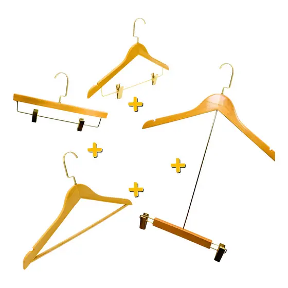 Kit 5 Cabides Madeira Marfim Para Foto Exposição Com Extensor Ferro Dourado