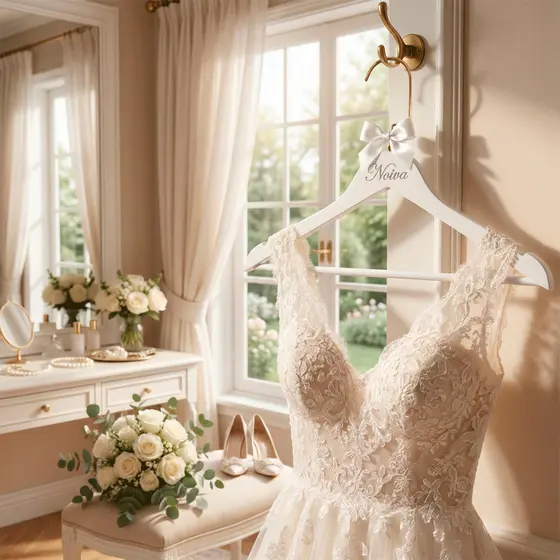 1 Cabide Madeira Branco Com Barra Noiva Making Of Casamento