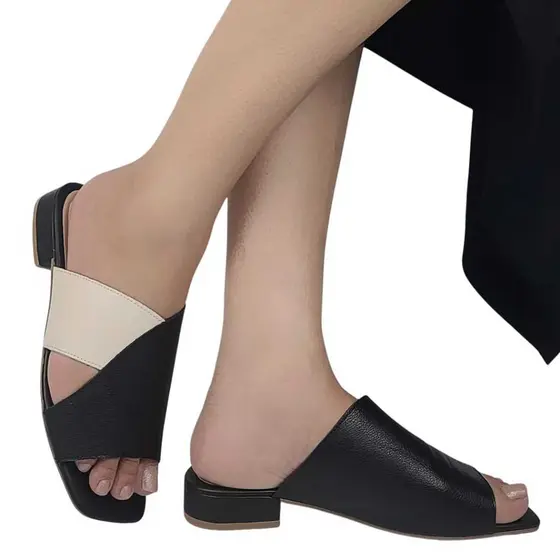 Sandália Feminina Rasteirinha em Couro Legítimo Tamanco Flats Casual Confortável Preta Off