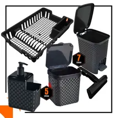 Kit Cozinha Lixeira 7 Litros + Lixeira 5 Litros + Porta Dergentente + Rodo + Escorredor 5/4/3 peças