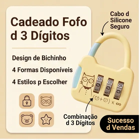 Mini Cadeado Creme Com Segredo Bolsa Mochila Mala 3 Digitos