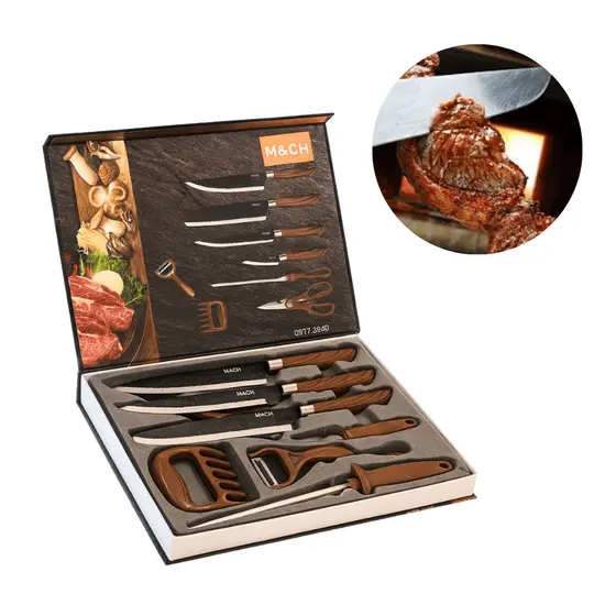 Conjunto de Facas Kit Churrasco Profissional Em Inox 8 Peças Faqueiro Lâminas Afiadas para Cortes