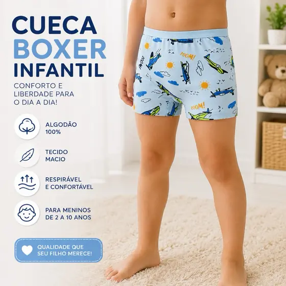 Kit até 12 Cueca Boxer Infantil Menino 2 a 10 Anos Conforto Premium