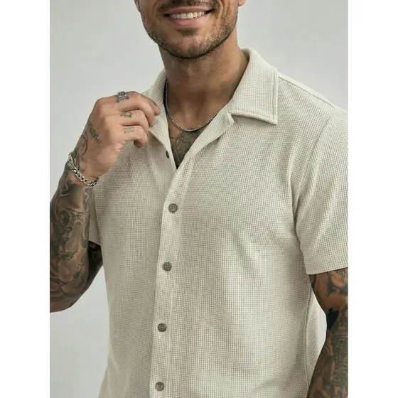 Camisa Masculina Com Waffle De Tecido Para Uso Casual De Verão