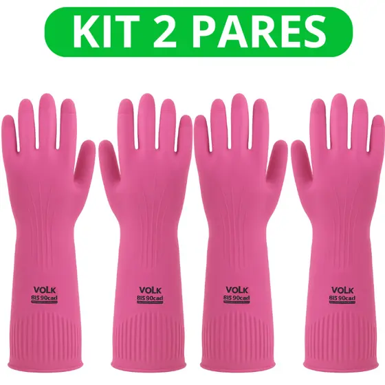 Kit 2 Pares Luva de Látex Longa Ranhurada Segurança Proteção Limpeza Pesada Rosa Volk