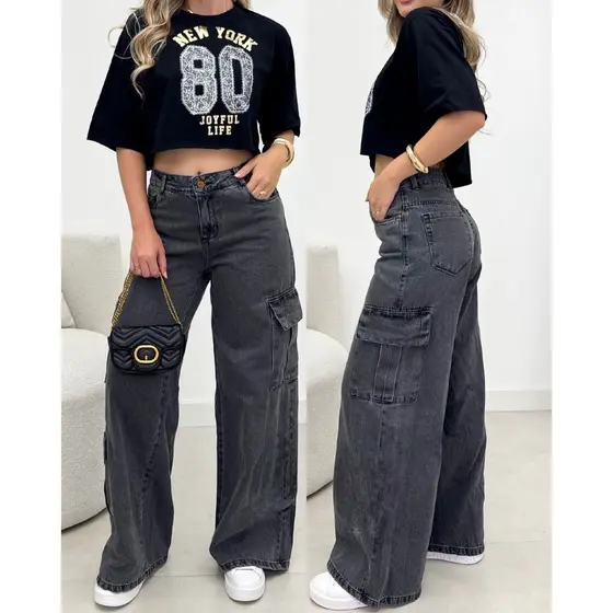 Calça Jeans Feminina Wide Leg Cargo Corte Moderno 100% Jeans Cintura Alta Conforto e Sofisticação