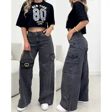 Calça Jeans Feminina Wide Leg Cargo Corte Moderno 100% Jeans Cintura Alta Conforto e Sofisticação