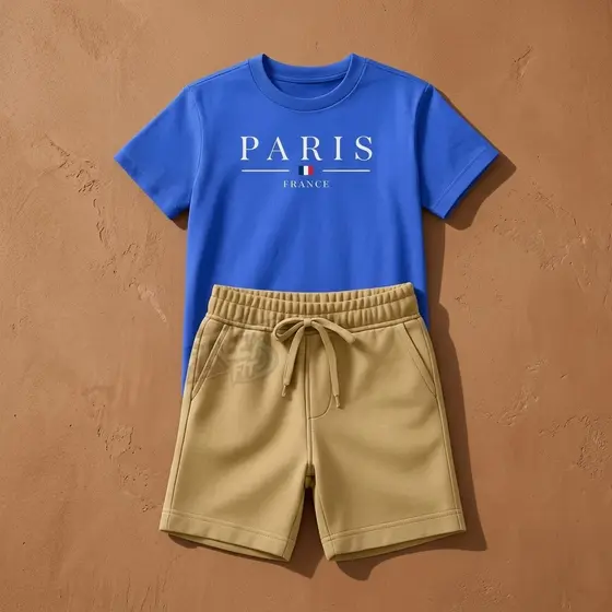 Conjunto Short Bege Com Bolso Camiseta Paris Algodão Infantil Kids Juvenil