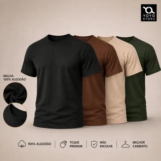 Kit 4 Camiseta Dia a Dia 100% Algodão Básica Premium Varias Cores Lisa Confortável Macia Leve Respirável P ao G3