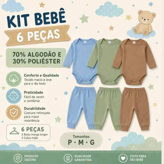 Kit 6 Peças para Bebê body Manga Longa e Mijão 3 Conjuntos Inverno