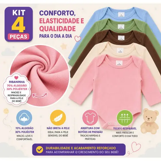 Kit 4 Peças Bebê body e Mijão Canelado Manga Longa