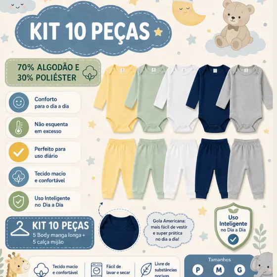 Kit 5 Conjuntos 10 Peças Body Manga Longa e Calça Mijão Bebe Inverno