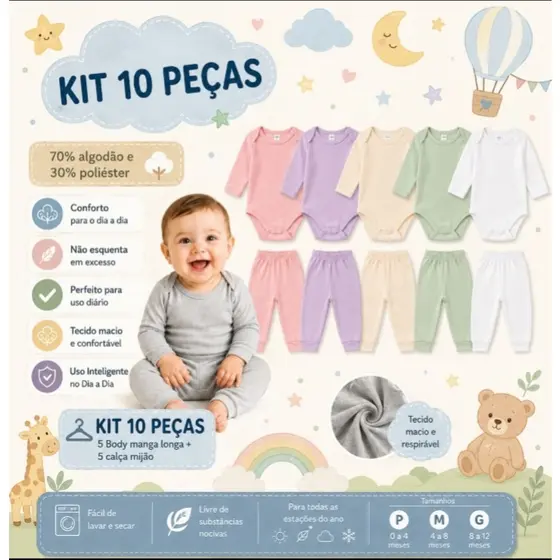 Kit 10 Peças 5 Conjuntos Bebê body e Mijão Canelado Manga Longa Menina Menino