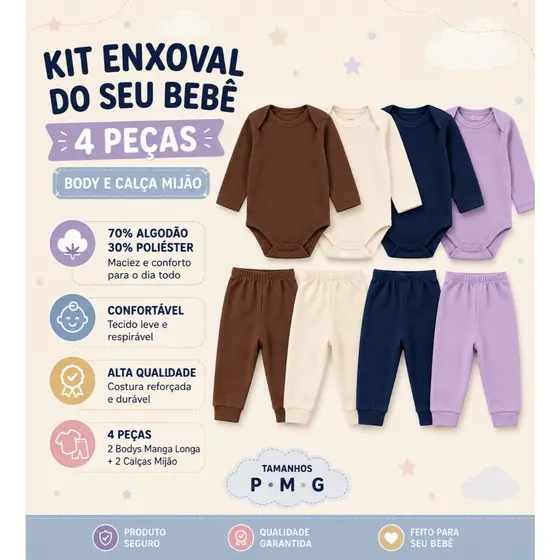 4 Peças De body Manga Longa e Mijão 2 Conjuntos Liso