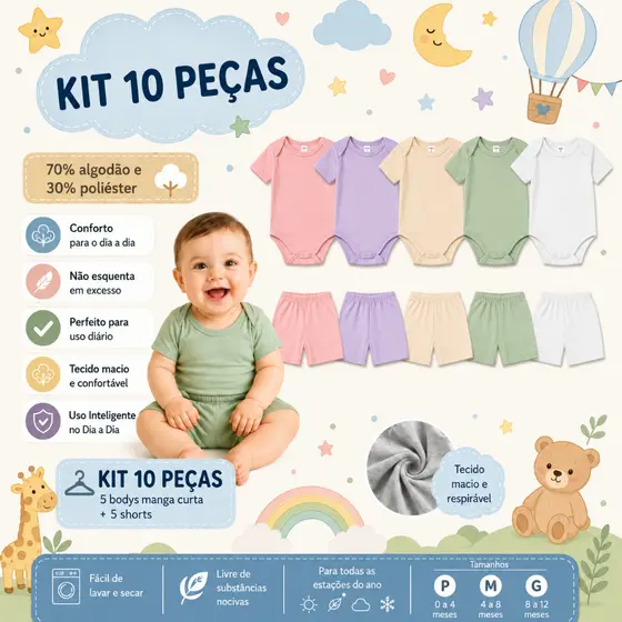 Kit 5 Conjuntos 10 Peças Body Manga Curta e Tapa Fralda Bebe Verão