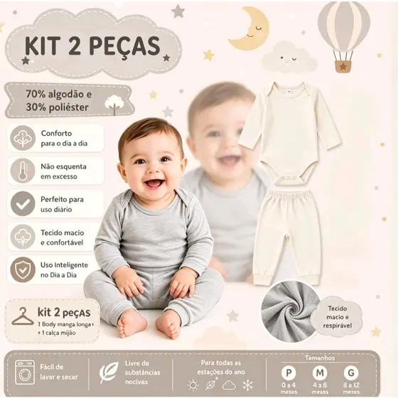 Kit 2 Peças De Bebe Body Manga Longa e Mijão Inverno