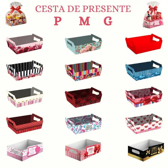 Kit 12 Cestas De Papel Triplex Tamanhos P M e G Varias Cores Decorada