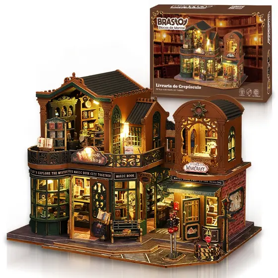 Paisagem em miniatura Blocos de montar de madeira DIY com luzes Decoração requintada Presente