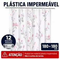 Cortina de Banheiro Box 180x180cm Plástica Impermeável Estampada com 12 Ganchos