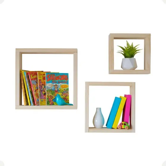 Conjunto Nicho Quadrado Pinus 3 Peças Decorativo Parede Sala Quarto Banheiro Organização Estilo