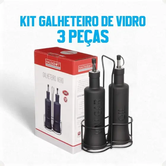 Galheteiro De Vidro Nero 3 Peças 300ml Hauskraft Azeite Vinagre E Óleo Para Cozinha Elegante