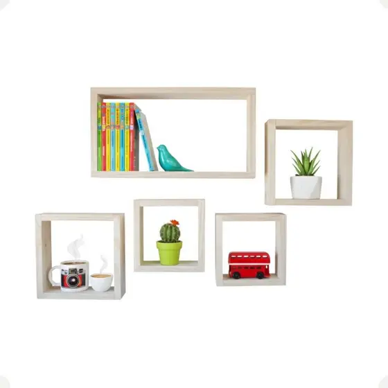 Kit Nicho Pinus 5 Peças Decorativo Parede Prateleiras Multiuso Sala Quarto Banheiro Madeira Natural