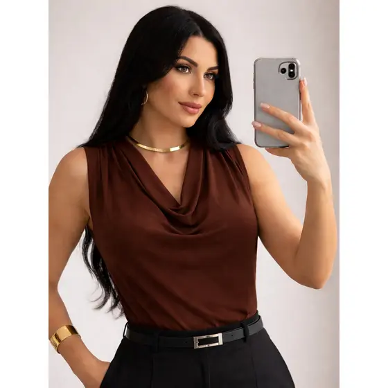 Blusa Regata Feminina Gola Boba Drapeada Suplex Elegante Social Casual Moda Verão