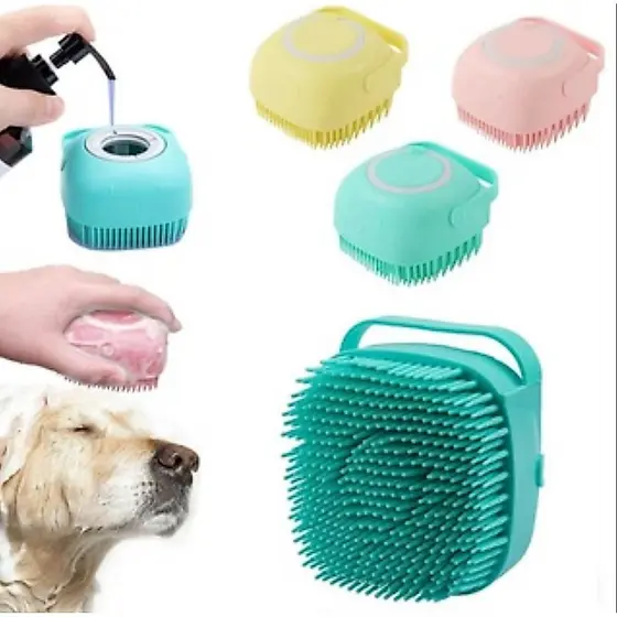 Escova Massageadora com Dispenser de Shampoo – Banho Fácil e Relaxante para Cachorros e Gatos