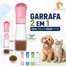 Garrafa Portátil 2 em 1 para Cães e Gatos 490ml com Bebedouro e Dispenser de Ração para Passeios