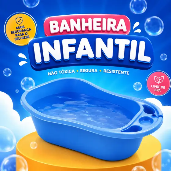 Banheira Infantil 34 Litros Grande para Bebê e Criança com Porta Objetos e Suporte para Shampoo