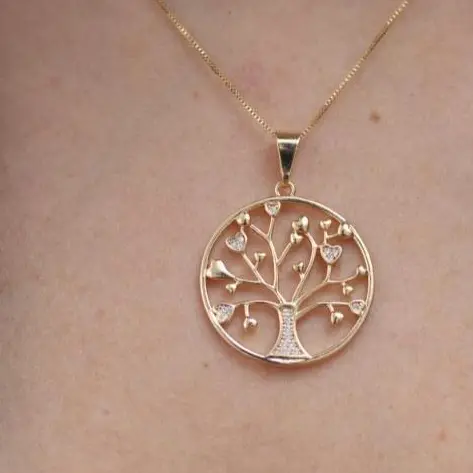 Colar Cordão Elo Feminino Pingente Árvore da Vida Folheados a Ouro 18k