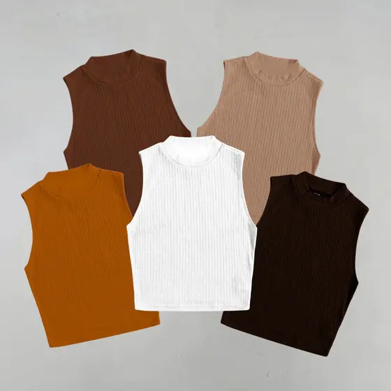 Kit 5 Croppeds Canelados de Gola Canelado Feminino Básicos Elegantes Versáteis