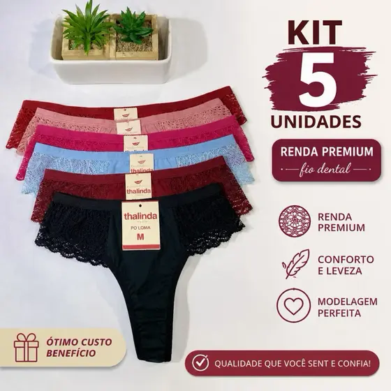 KIT 5 CALCINHAS FIO DENTAL ALICE RENDA LATERAL CONFORTÁVEL